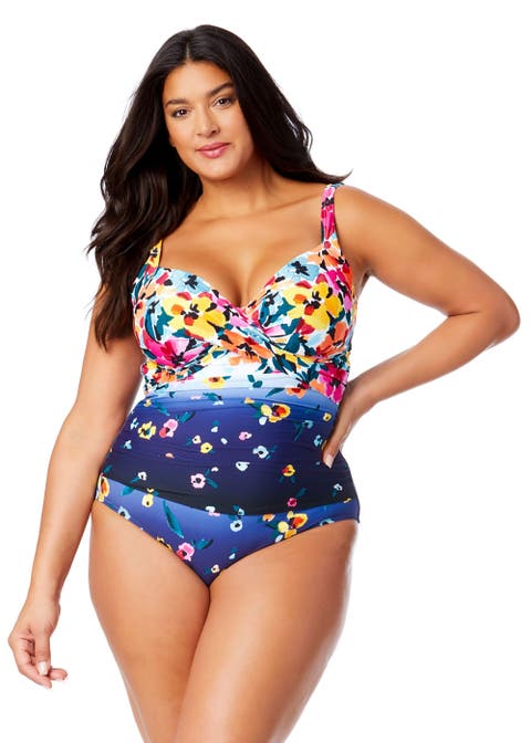 Women's Plus Gradient Floral Underwire Surplice One Piece Swimsuit