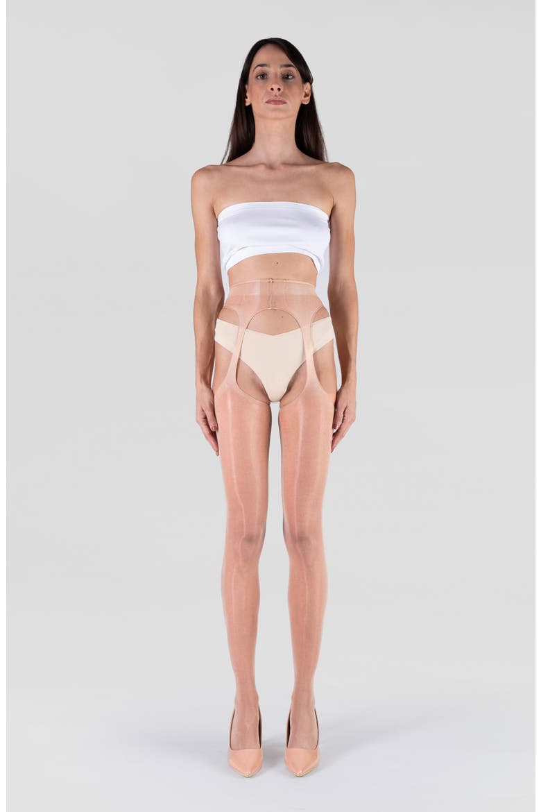 Lustrous Silky Shiny Sheer Suspender Crotchless Tights, Alternate, color, NATURAL