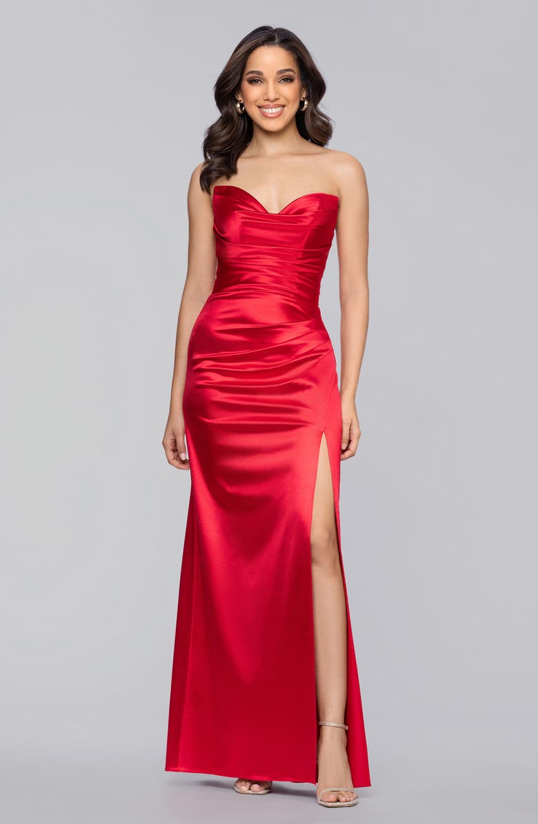 Blondie Nites Glam Ruched Strapless Satin Gown, Alternate, color, Red