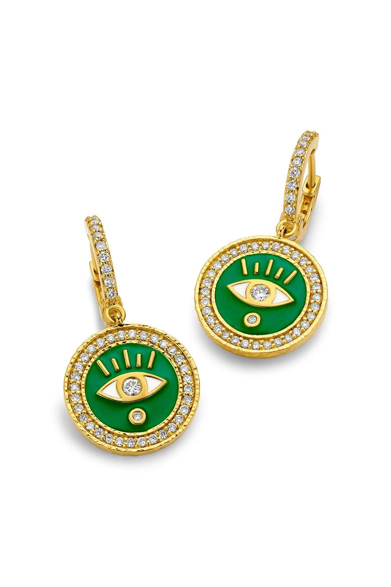Enameled Evil Eye Huggie Earrings with Diamonds, Main, color, Kelly Green
