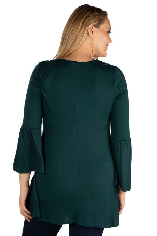 24seven Comfort Apparel Plus Size Long Bell Sleeve Flared Tunic Top In Brown