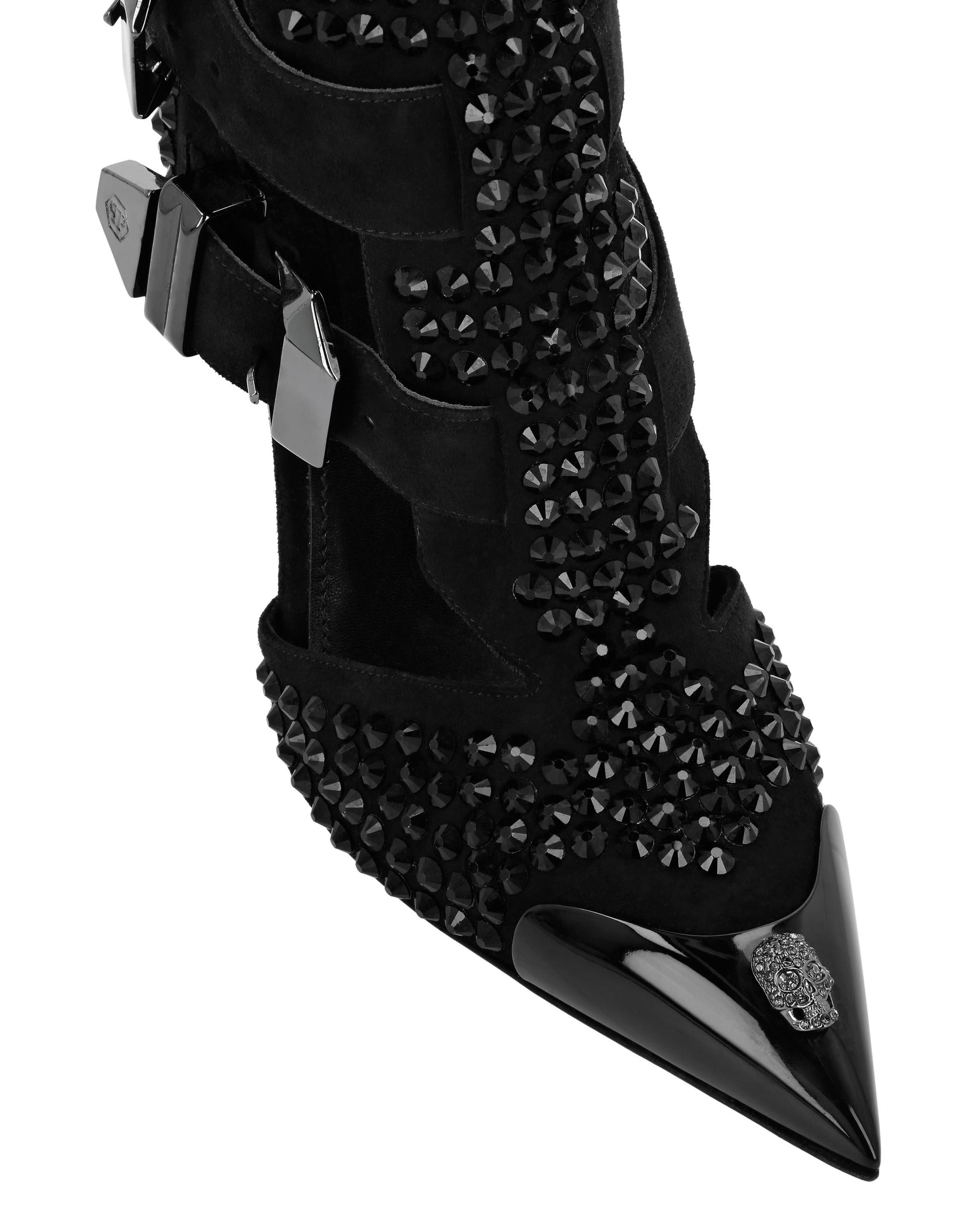 Suede Strass Sandals High Heels Skull Women, Alternate, color, black/black