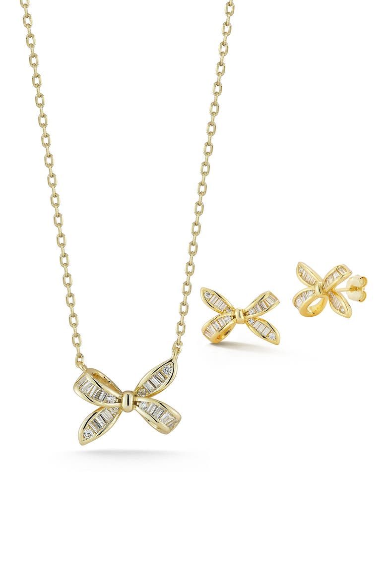 CZ Bow Pendant & Stud Earrings Set, Main, color, GOLD