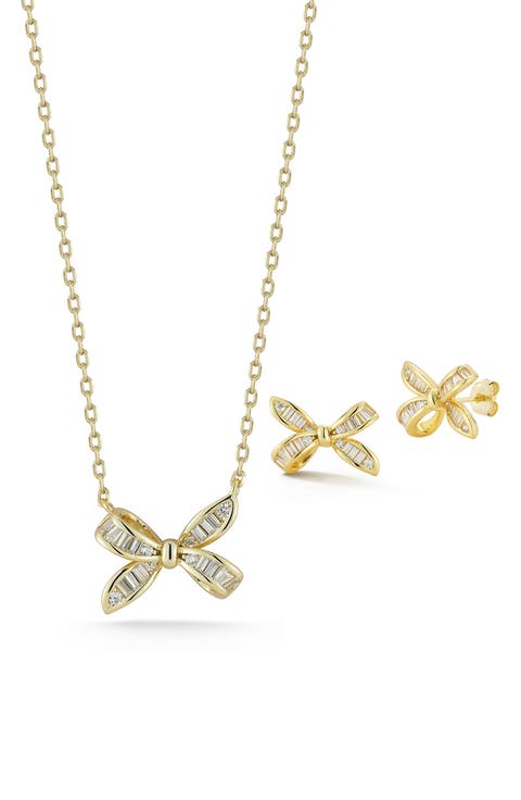 CZ Bow Pendant & Stud Earrings Set