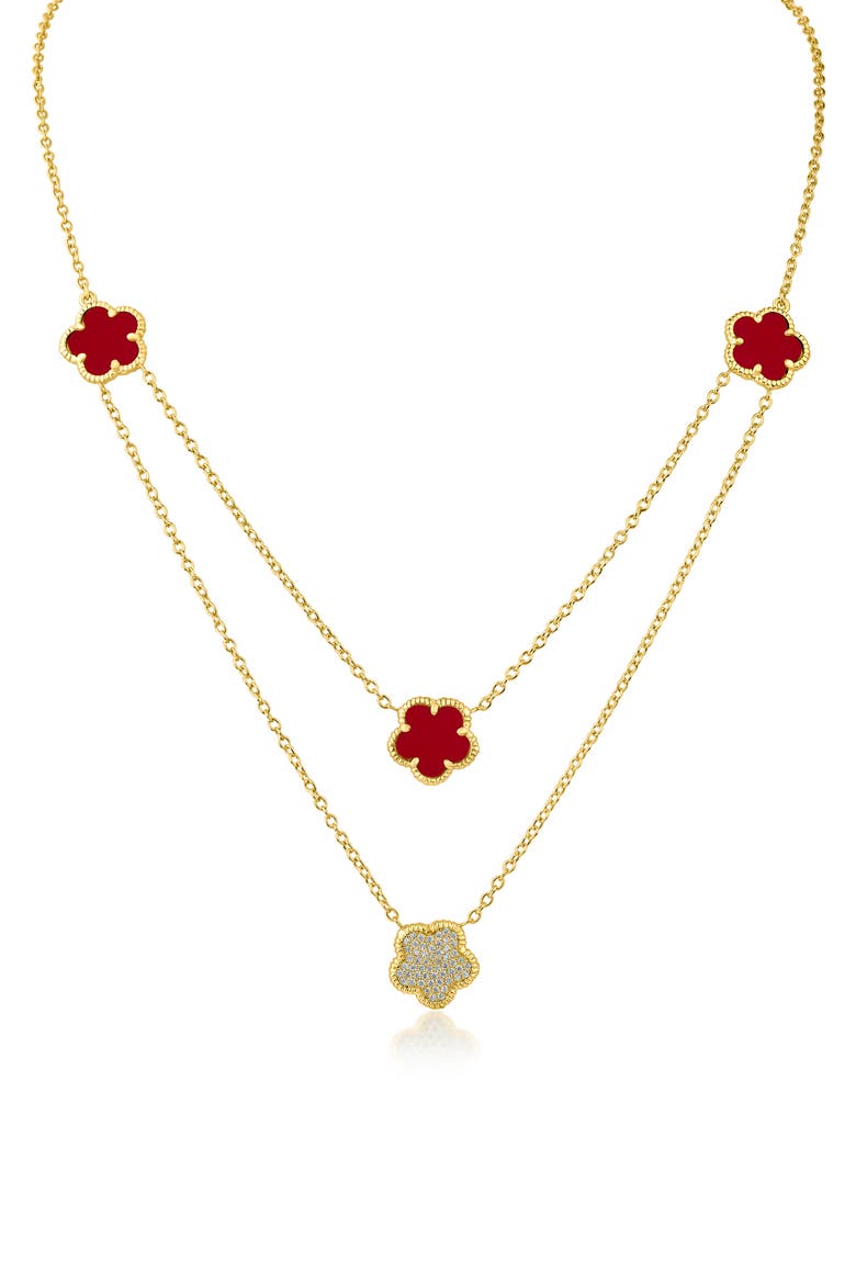 Cubic Zirconia & Faux Coral Double Layered Clover Station Necklace, Main, color, RED/ GOLD