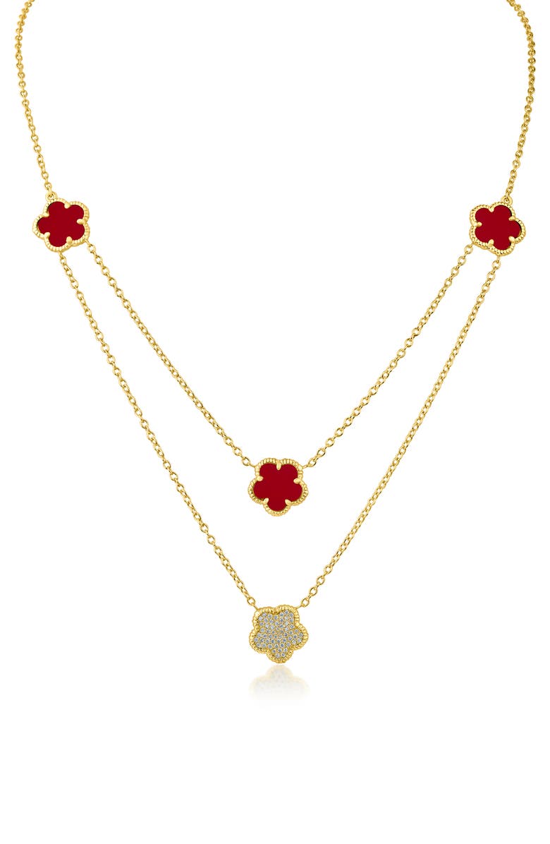 CZ by Kenneth Jay Lane Cubic Zirconia & Faux Coral Double Layered Clover Station Necklace, Main, color, Red/ Gold