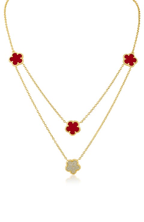 Cubic Zirconia & Faux Coral Double Layered Clover Station Necklace