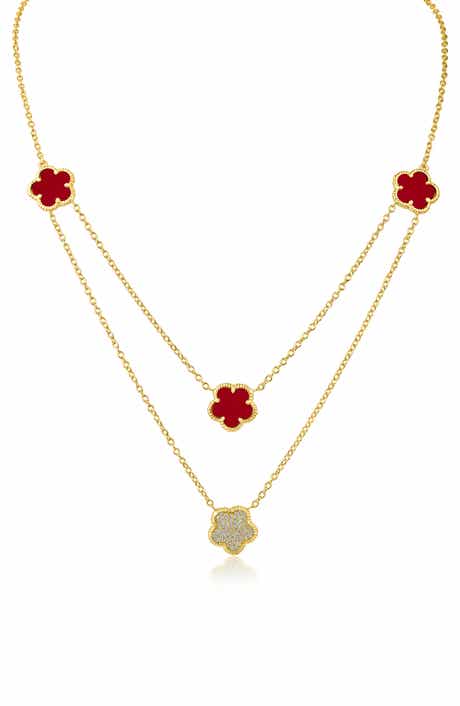 CZ by Kenneth Jay Lane Cubic Zirconia & Faux Coral Double Layered Clover Station Necklace
