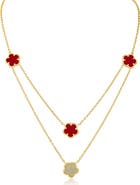 CZ by Kenneth Jay Lane Cubic Zirconia & Faux Coral Double Layered Clover Station Necklace