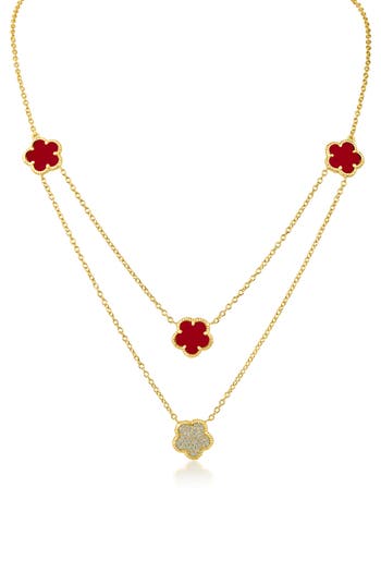 Cz By Kenneth Jay Lane Cubic Zirconia & Faux Coral Double Layered Clover Station Necklace In Gold