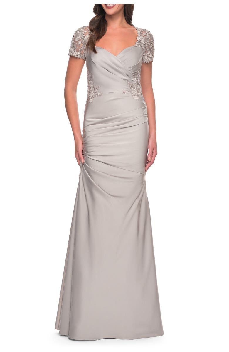La Femme Satin Evening Dress with Lace and Scoop Neckline, Alternate, color, Silver