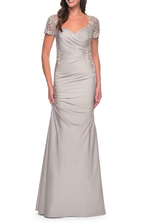 La Femme Satin Evening Dress With Lace And Scoop Neckline In Silver