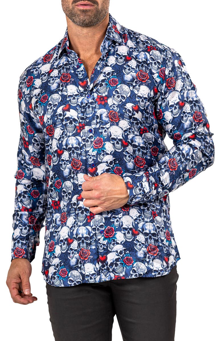 Maceoo Fibonacci Mathyr0242 Blue Skull Print Button-Up Shirt, Alternate, color, 