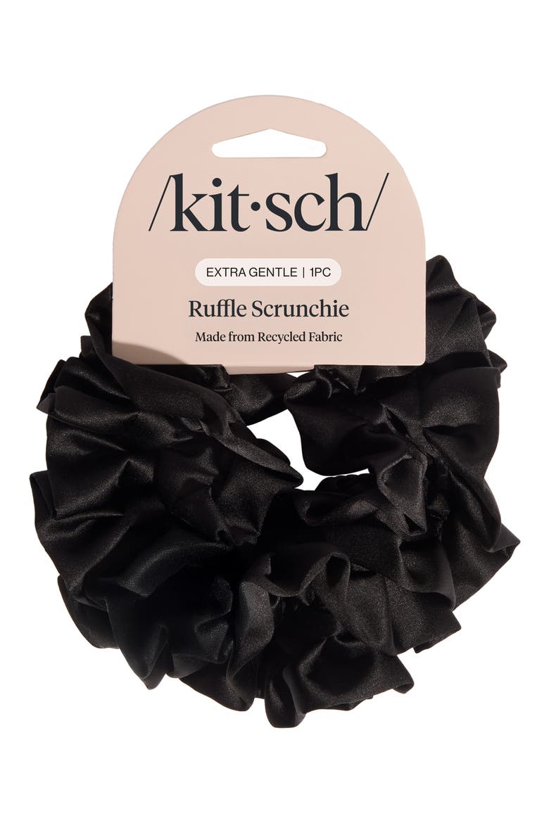 Satin Ruffle Scrunchie, Alternate, color, BLACK