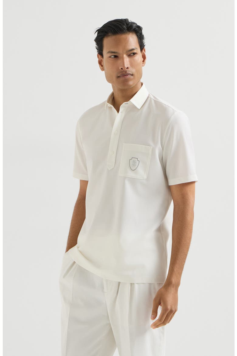 Lightweight virgin wool polo shirt with chest pocket and logo, Main, color, White
