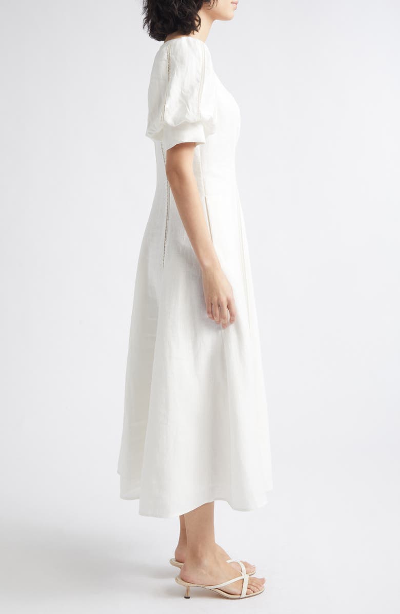 Reiss Riva Stitch Puff Sleeve Linen Midi Dress, Alternate, color, Ivory