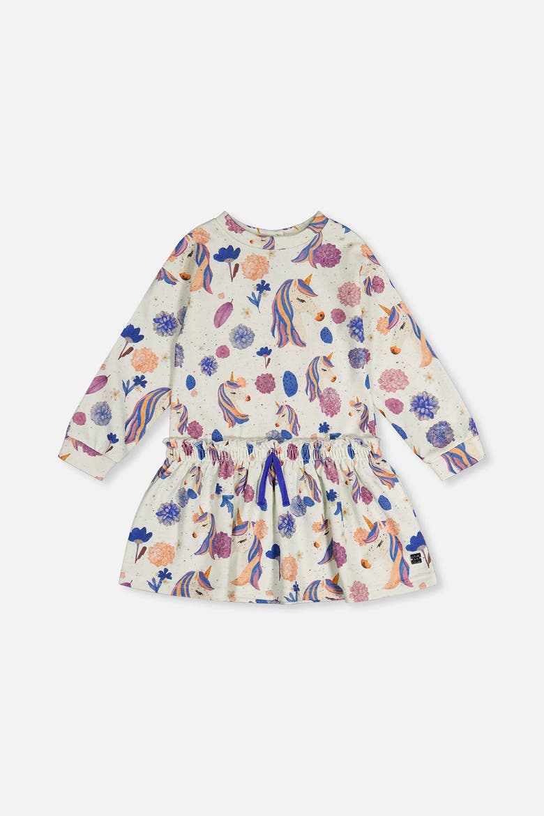 French Terry Long Sleeve Relaxed Dress, Main, color, Beige Unicorn Print