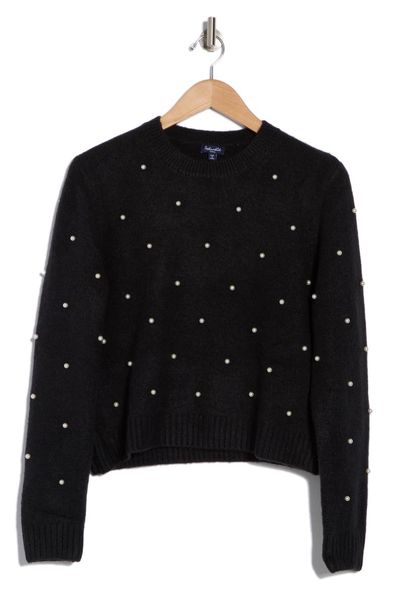 Imitation Pearl Crewneck Sweater, Alternate, color, BLACK