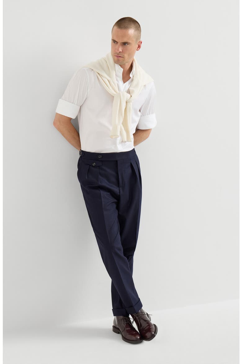 Virgin wool flannel trousers in twisted cotton gabardine with double pleats and waist tabs, Alternate, color, Blue