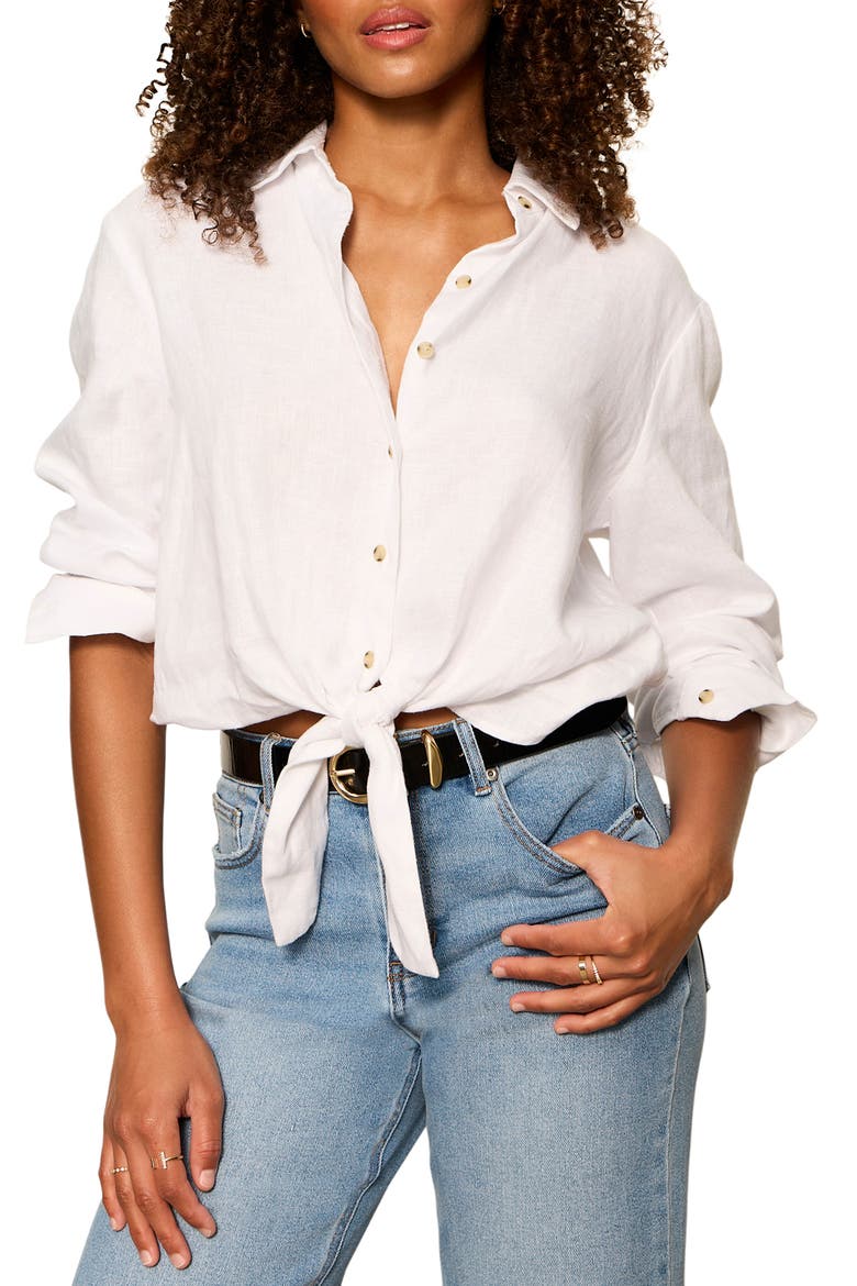 More Love Tie Front Linen Blend Top, Alternate, color, WHITE