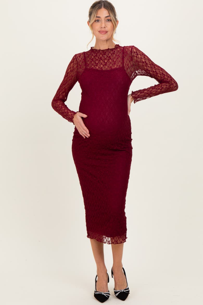 Lace Overlay Fitted Midi Dress, Alternate, color, Burgundy