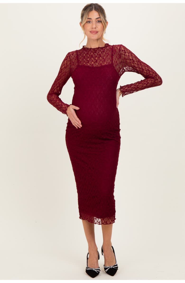 PinkBlush Lace Overlay Fitted Midi Dress, Alternate, color, Burgundy