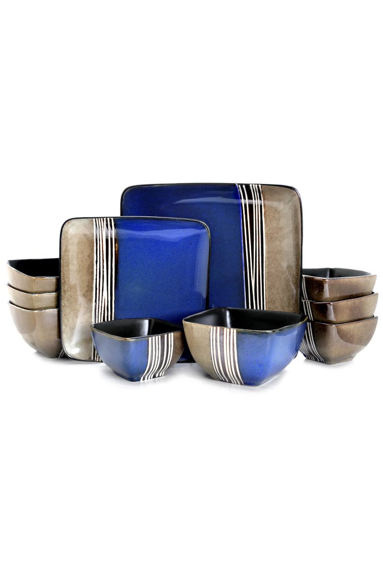 Elama Uptown Loft 16 Piece Double Bowl Stoneware Dinnerware Set with Service for 4, Main, color, Blue