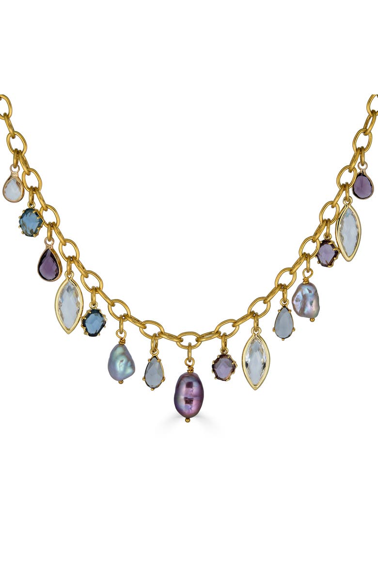 Colorful Gemstone and Pearl Charm Necklace, Alternate, color, Gold