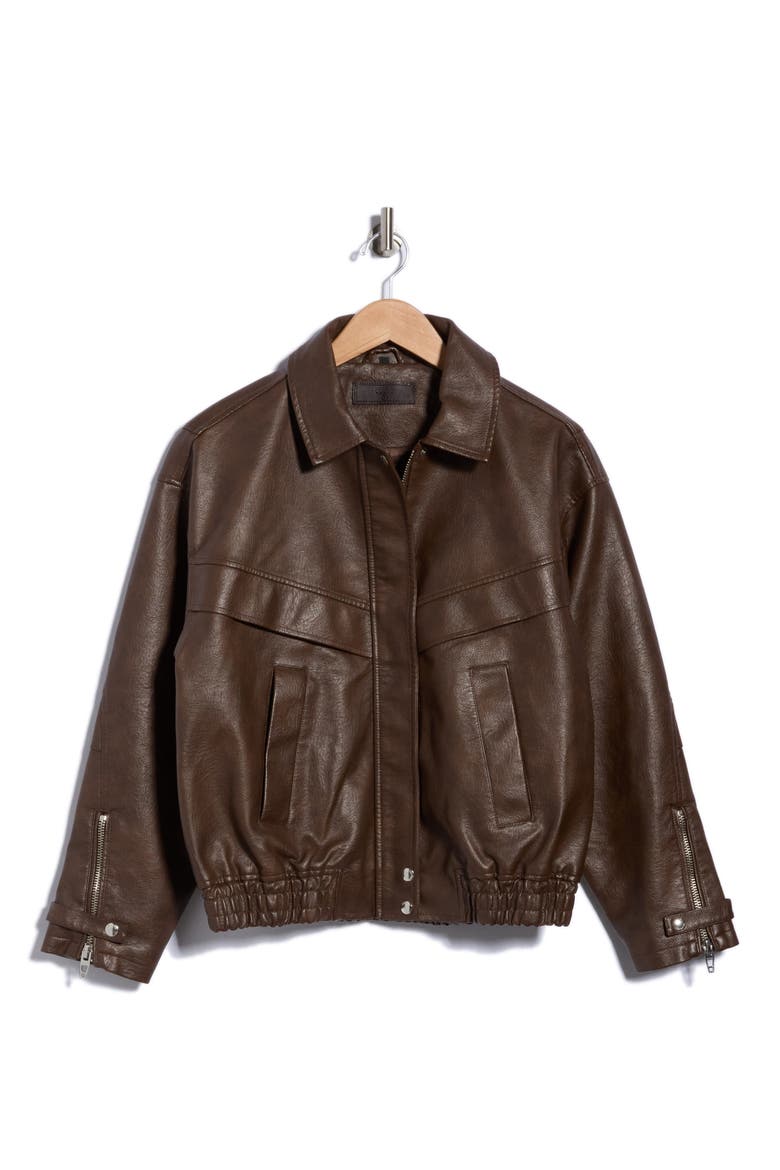 Faux Leather Long Bomber Jacket, Main, color, SADDLE UP