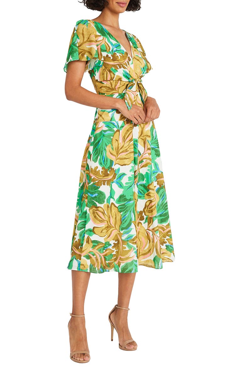 Front Tie Short Sleeve Cotton Midi Dress, Alternate, color, SOFT WHITE/ GOLDEN OLIVE