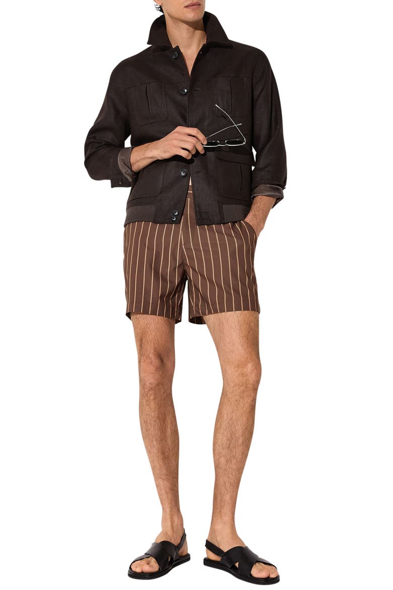 Presley Stripe Side Adjuster Swim Trunks, Alternate, color, DARK BROWN