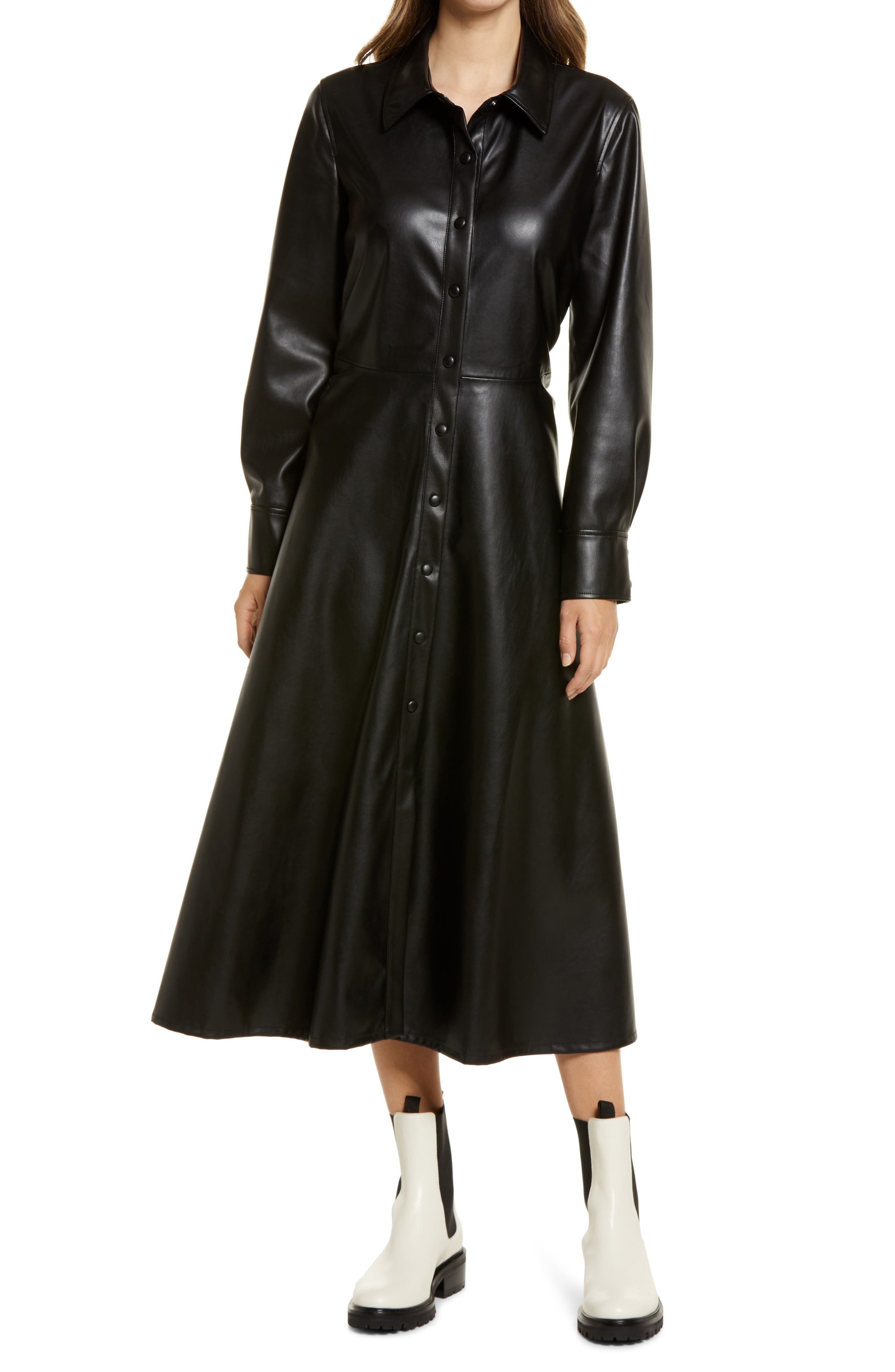 Halogen® Faux Leather Long Sleeve Shirtdress