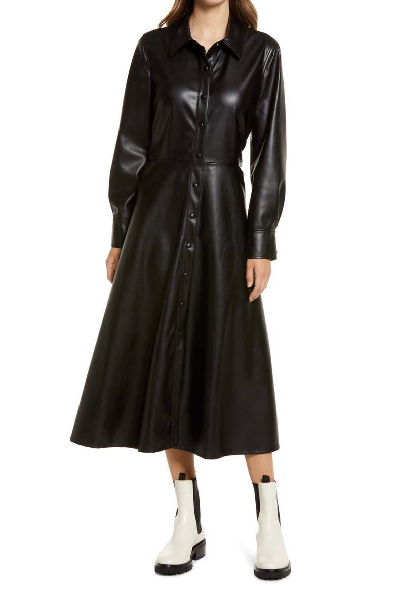 Faux Leather Long Sleeve Shirtdress, Main, color, BLACK