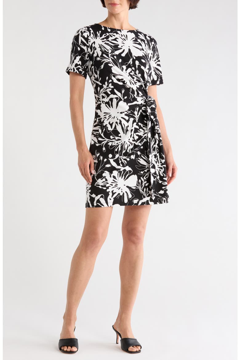 Floral Short Sleeve Faux Wrap Dress, Main, color, INK FLORAL- BLACK/ IVORY