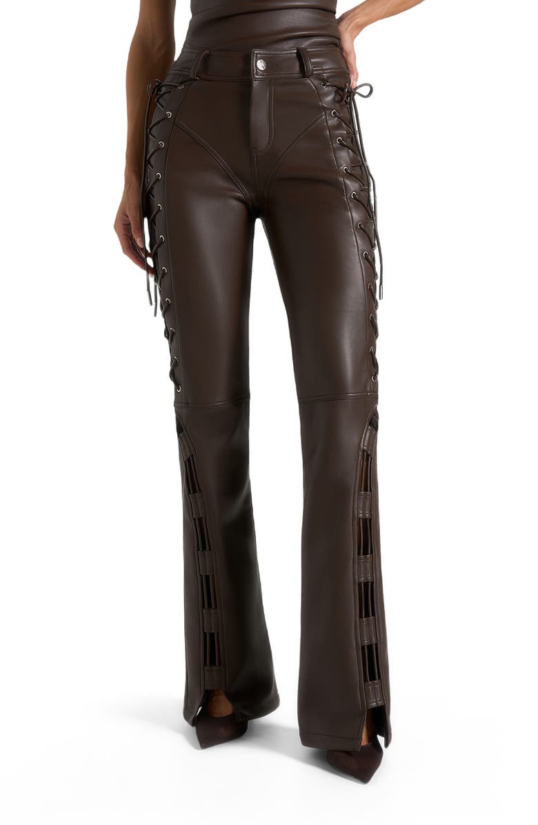 Manière De Voir Ambre Leather Lace Up Flared Trousers, Alternate, color, Brown