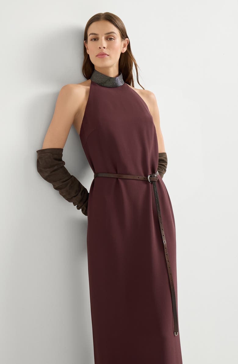 Brunello Cucinelli Halterneck dress with beaded collar, Alternate, color, Burgundy