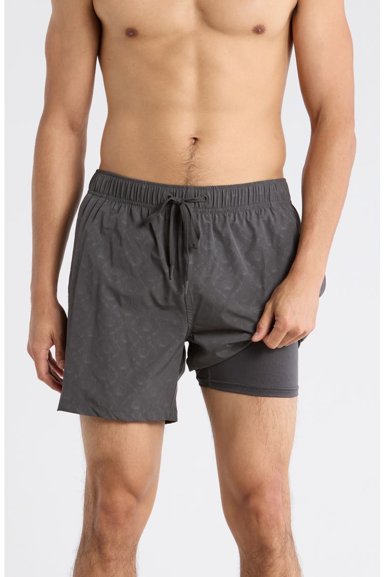 Embossed Print Stretch Volley Swim Shorts, Alternate, color, DARK GREY
