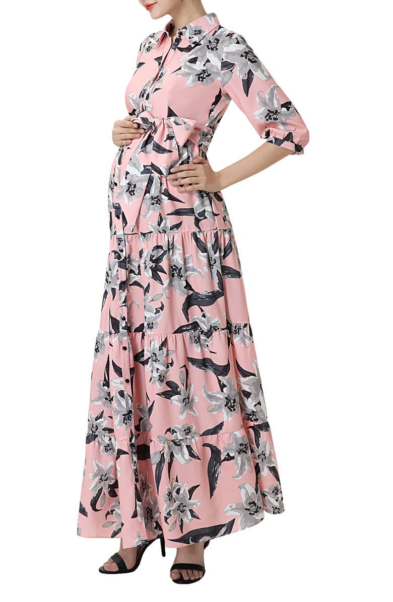Kimi and Kai Cora Floral Belted Maternity/Nursing Maxi Dress, Alternate, color, Pink