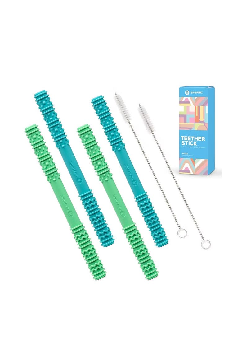 Soft Silicone Hollow Teething Tubes  4 Piece Set with Cleaning Brushes, Main, color, Green & Blue