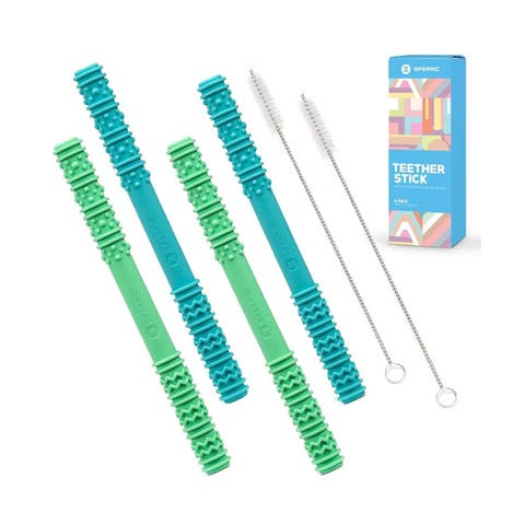 Soft Silicone Hollow Teething Tubes  4 Piece Set with Cleaning Brushes