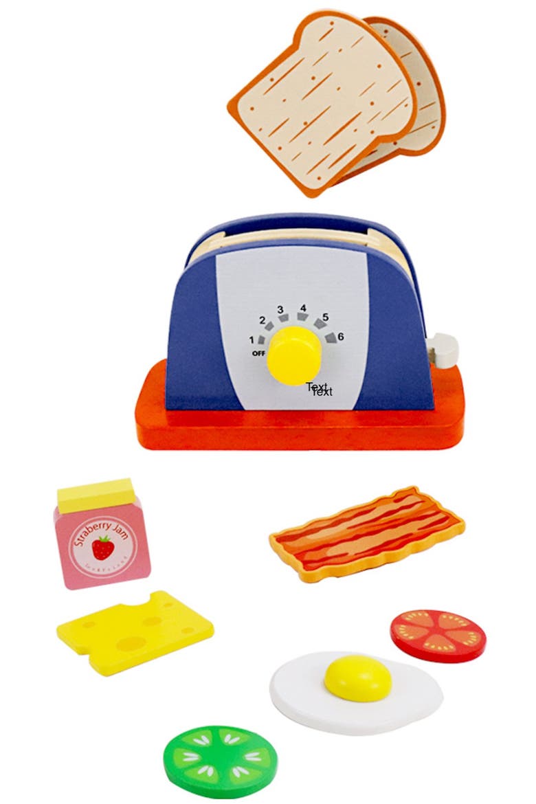 Wooden Pop Up Toaster Set | 7 Piece Accessory Play Kitchen Wooden Toaster Toy for Children Ages 3-6, Main, color, Blue
