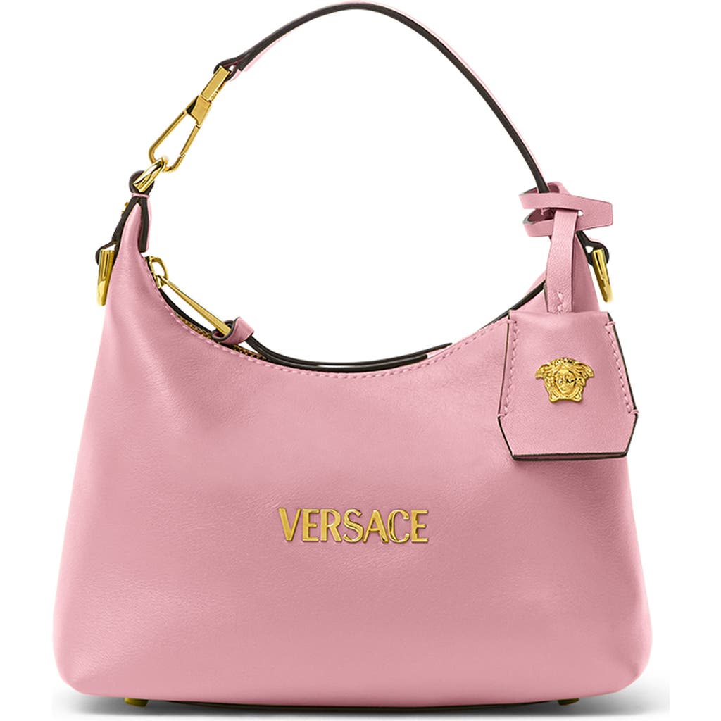Versace Small Logo Leather Hobo Bag In English Rose Gold