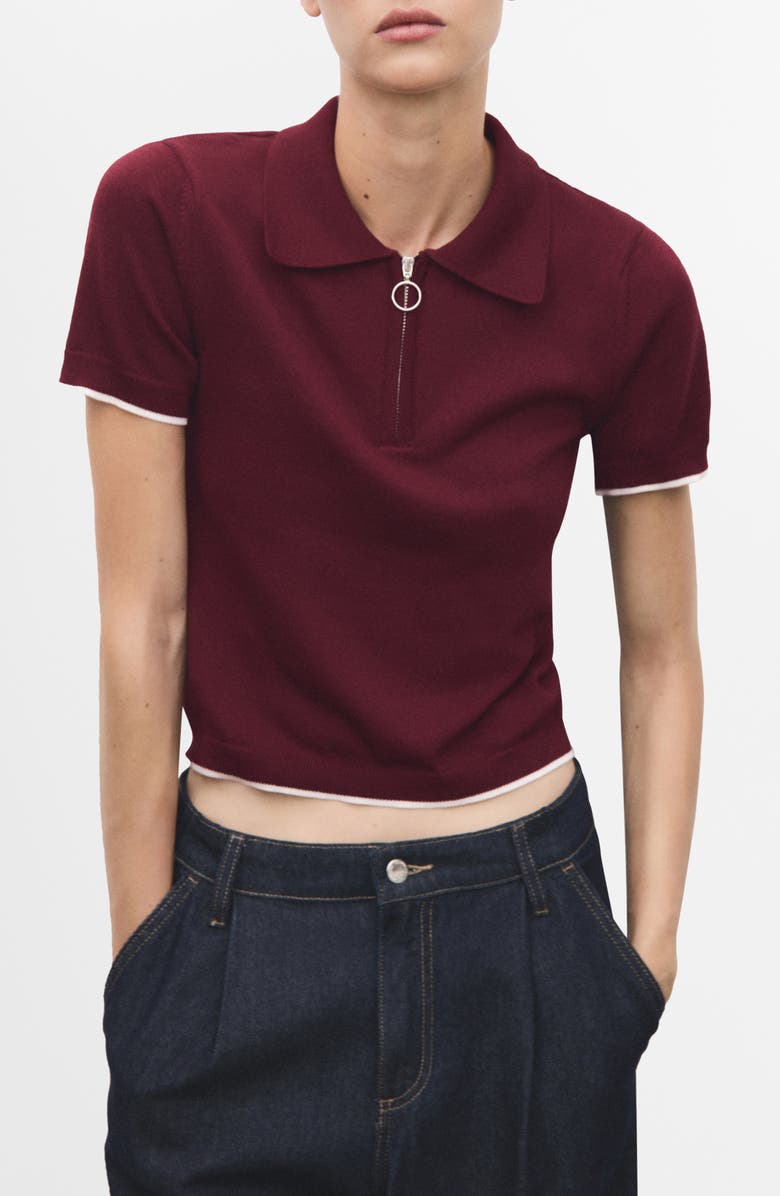 MANGO Tipped Quarter Zip Jersey Polo, Main, color, Wine