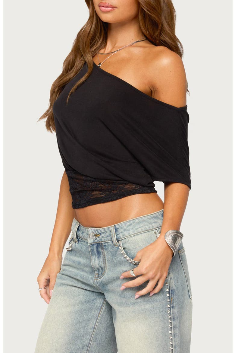 Michy Lace Hem Off the Shoulder Top, Alternate, color, BLACK