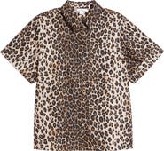 Topshop Women's Animal Print Short Sleeve Cotton Button-Up Shirt