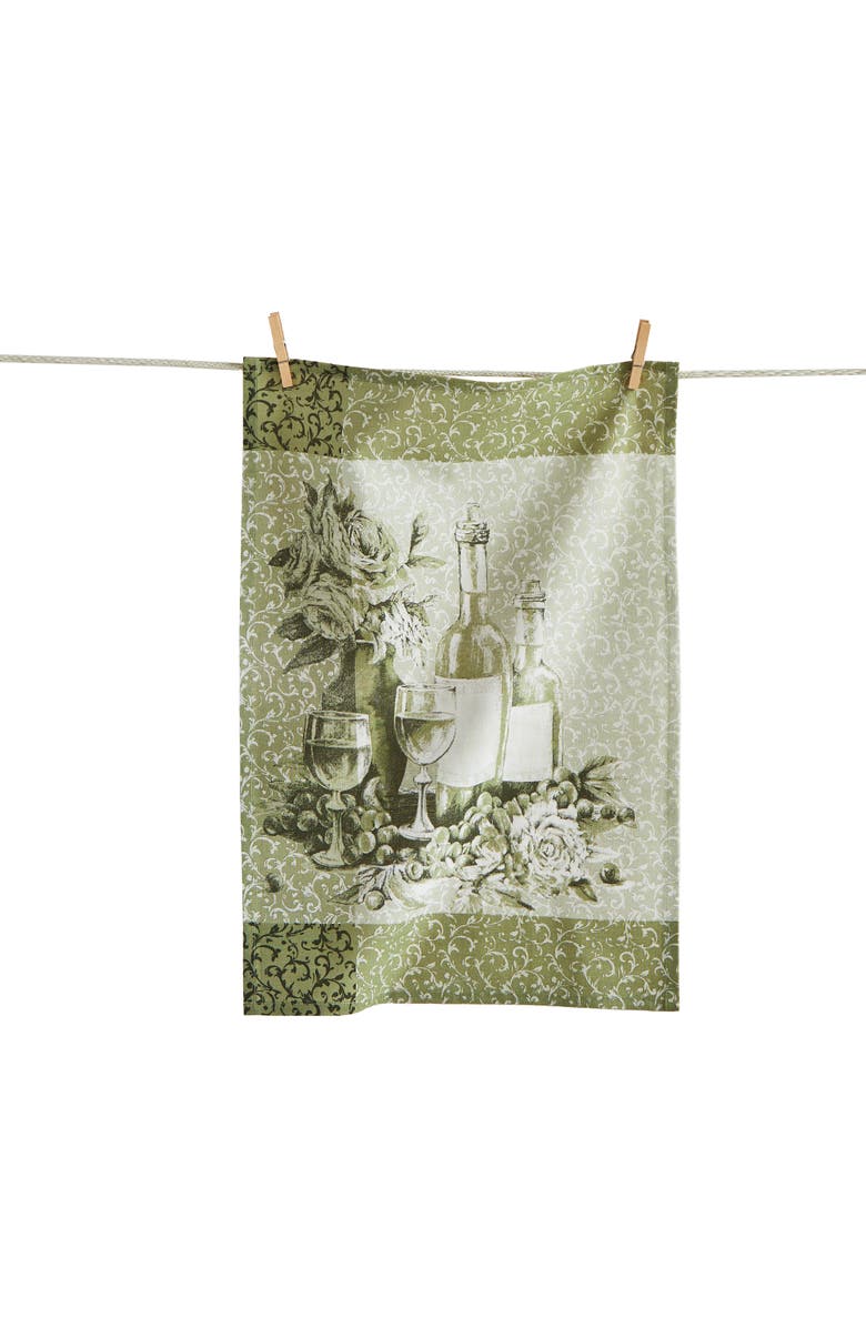 tag Wine Bottles Bold Artwork Dishtowel Green Multi Cotton Everyday, Main, color, Green