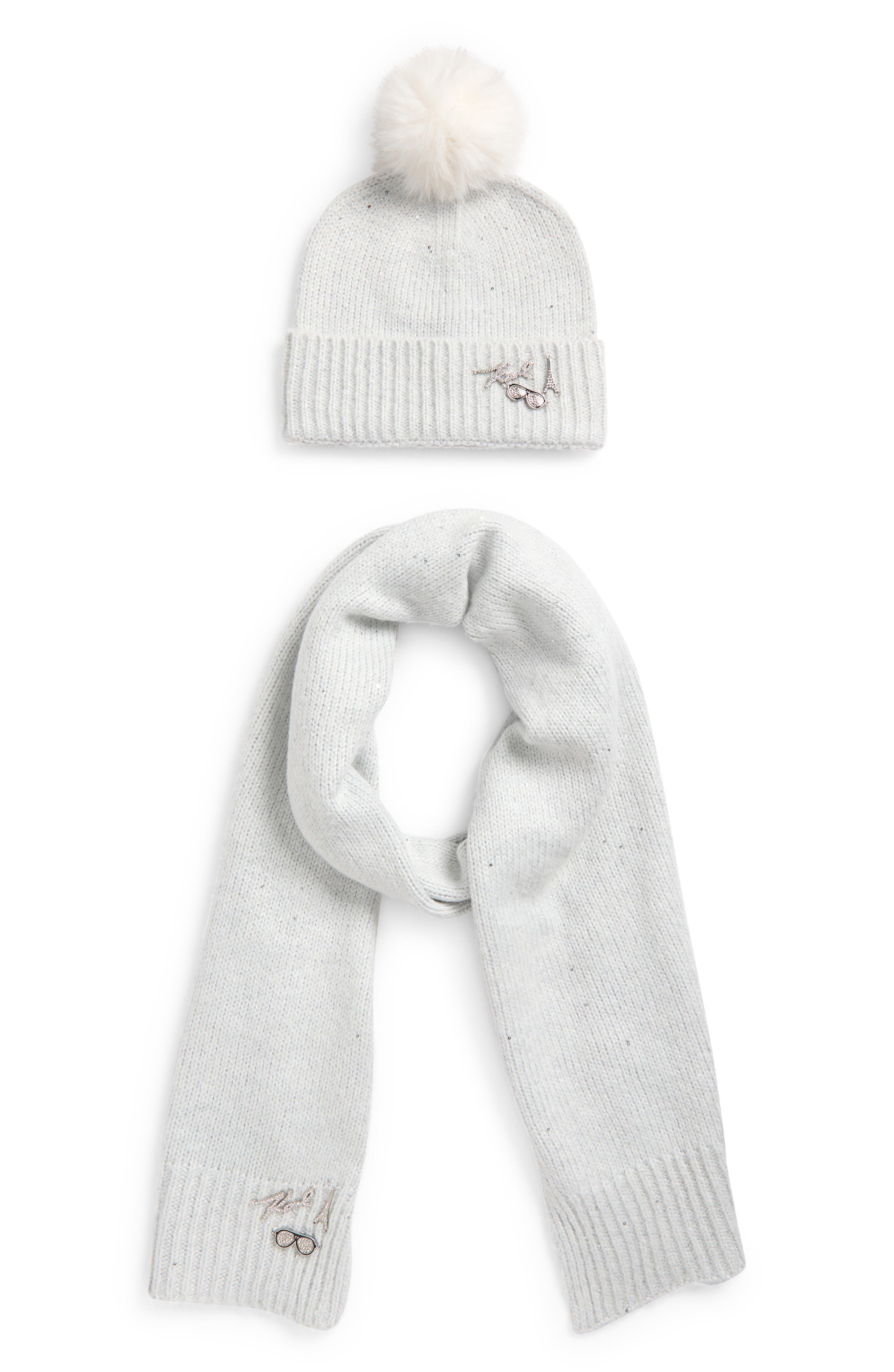 KARL LAGERFELD PARIS Shimmer Pompom Beanie & Scarf Set