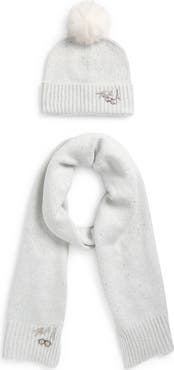 KARL LAGERFELD PARIS Shimmer Pompom Beanie & Scarf Set
