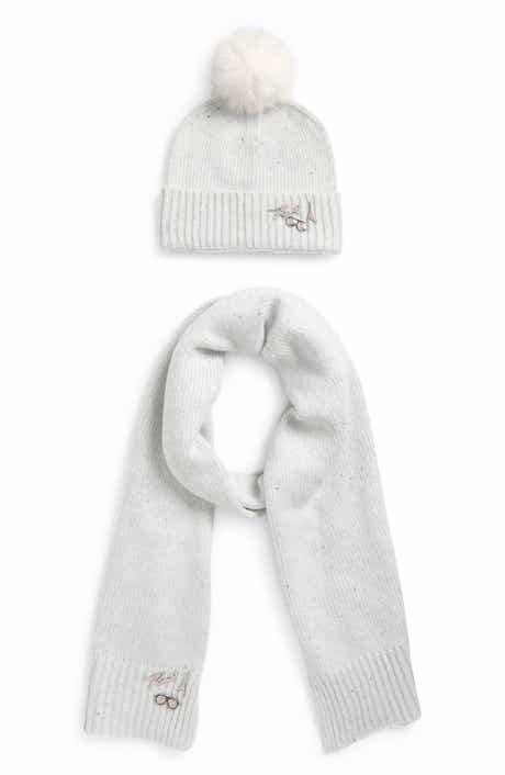 KARL LAGERFELD PARIS Shimmer Pompom Beanie & Scarf Set