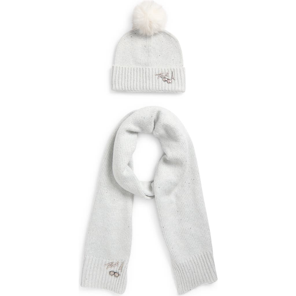 Karl Lagerfeld Paris Shimmer Pompom Beanie & Scarf Set In White